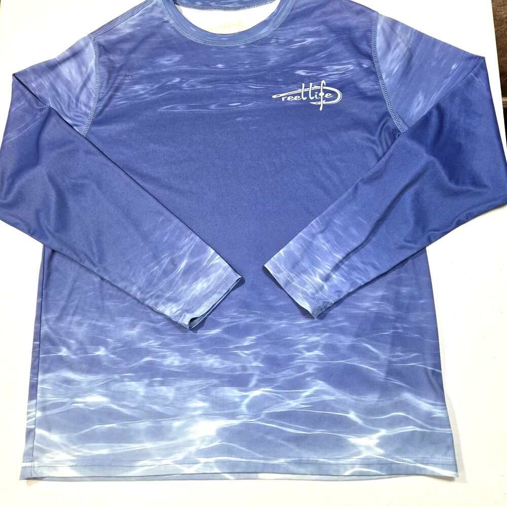 Reel Life Shirt Medium Men's Long Sleeve Blue All Over Wave Print Polyester